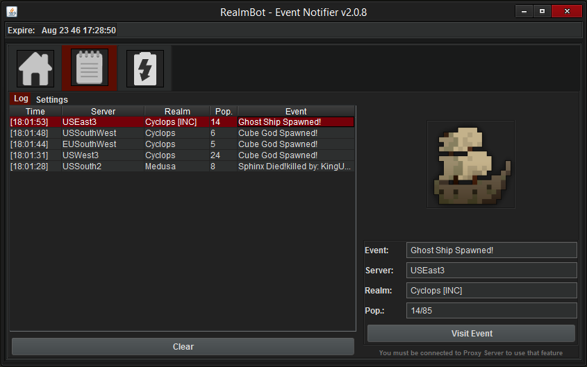 Event notifier screenshot
