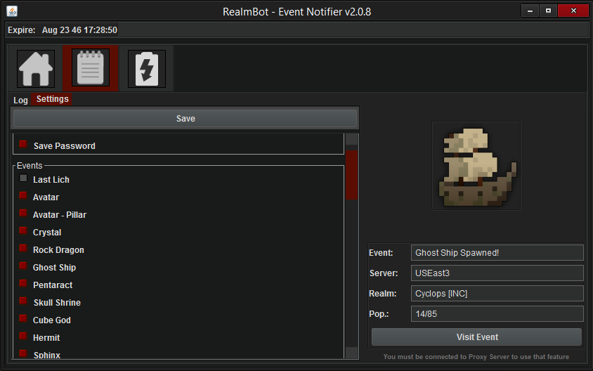 Event notifier settings screenshot